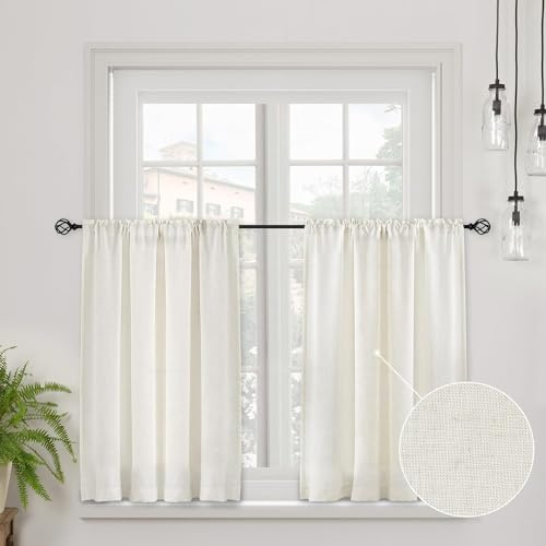 CUCRAF Kitchen Curtains Linen Blend, W 48 x L 36 Inch 2 Panels Cafe Curtains for Small Windows, Short Lightweight Curtain for Rod Pocket Kitchen Sink Cupboard Bathroom, Light Beige