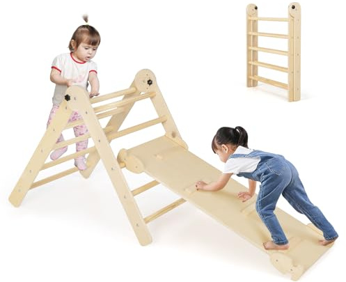 GOPLUS Klättertriangel med rutschkana, klätterställning inomhus, ribbstängtriangel av trä med trekantig stege och klätterramp, Montessori leksak för att halka och klättra, för barn från 3 år (natur)