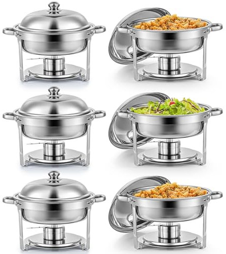 Wilprep Lot de 6 Buffets Chauffants Ronds Chafing Dish 5L en Acier Inoxydable avec Couvercles Plats Bains Maries Supports de Combustible pour Restaurants Traiteurs Fêtes Mariages Pique-niques