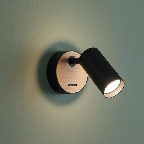 BARCELONA LED - Aplique de Pared LED VILSA con Foco Orientable – Diseño Minimalista. Acabado Madera – Interruptor Integrado – Casquillo GU10, para cabeceros de cama, Dormitorios, Sala de Estudio.