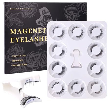 EOAMGO 10 Paires Magnetic Eyelashes, Mangetic Natural Look False Eyelashes, Self Adhesive＆Reusable 3D Curly False Lashes Kit
