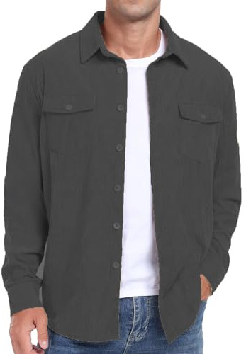 QUNERY Camicia Velluto Uomo Maniche Lunghe Cappotti Casual Button-Down Camicia Autunno Inverno con Tasche Camicie Grigio Scuro L