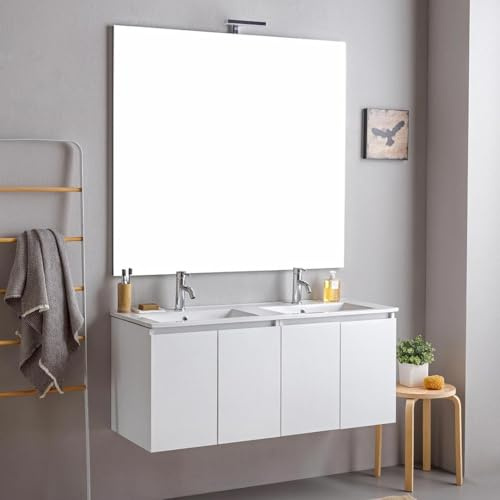 Kiamami Valentina - Mobile bagno sospeso 120cm bianco con doppio lavabo e specchio 120x110 | Bilbao