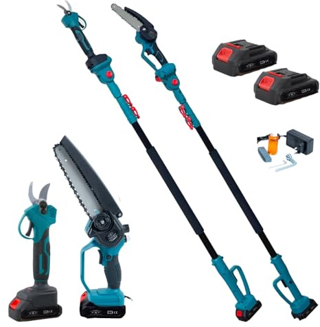 A.M.C. Kit Potatura Forbice e Motosega Elettriche 8 Pollici con Asta Telescopica 128-248cm, Kit 3 in 1 Forbice Elettrica per Giardino e Rami, Arbusti e Vigneto, Professionale