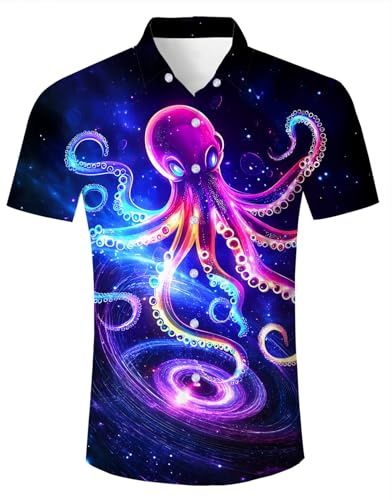 TUONROAD Mens Neon Octopus Print Short Sleeve Shirt Galaxy Space Style Funny Top L