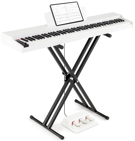 GOPLUS Piano Digital de 88 Teclas Semipesadas, Teclado Electrónico con 2 Altavoces, 3 Pedales, Atril y Soporte, Piano Portátil con 800 Sonidos, 600 Ritmos, 80 Demostraciones y USB/MIDI/MP3 (Blanco)