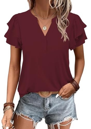 Cuptacc Top Donna Elegante Blusa Donna Estiva Maglietta Donna Maniche Corte T Shirt con Scollo a V Camicia Manica Corta Bordeaux M 38-40