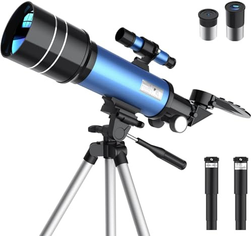 Télescope pour adultes et enfants, télescope réfracteur d'astronomie 400/70 mm, avec trépied réglable, adaptateur de téléphone, facile à assembler, parfait pour les enfants éducatif et cadeau (bleu)