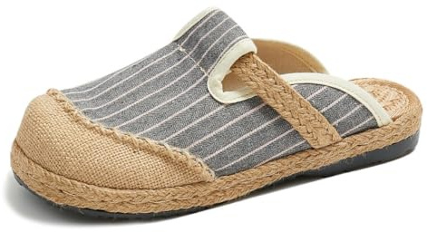 LDMYB Dam linne tofflor, stängd tå Espadrille pantoletter, andningsbara bomull platta rutschkanor, slip-on rygglösa husskor för inomhus utomhus promenader
