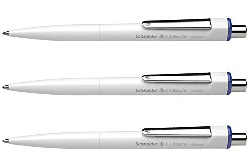 SCHNEIDER 3 Stück Kugelschreiber K3 Biosafe, weiß, mittlere Spitze, blau