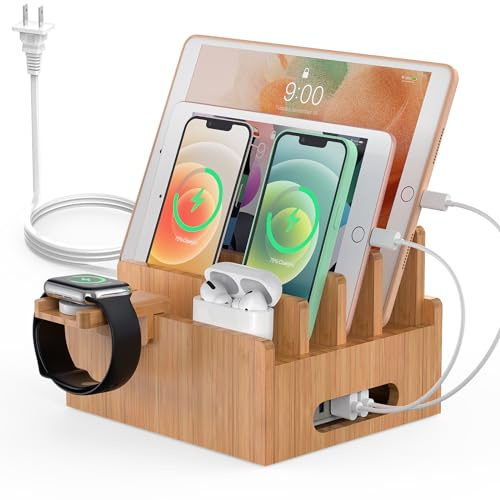 Pezin & Hulin Bamboo Charging Station with USB Charger,5Cables-Natural