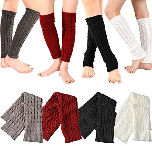 SATINIOR Syhood 4 Pairs Cable Knit Leg Warmers Women Winter Knitted Crochet Knee Boot Stockings Cuffs Long Legging Socks(Black, White, Dark Gray, Wine Red,Classic)