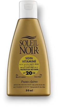 Soleil Noir - Soin Vitaminé SPF 20 Protection Moyenne 3 Filtres UVA et UVB - Peaux Claires - Vitamines A, C, E, Aloé Vera - Fabrication Française - Flacon avec Capsule Service, 50 ml