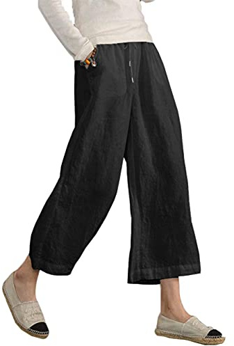 Famulily Women's Summer Comfy Cotton Linen Cropped Trousers Wide Leg Lounge Pants with Pockets