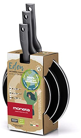 Moneta Eden Set Padelle 20-24-28 cm in Alluminio Riciclato da Lattine, 100% Made in Italy