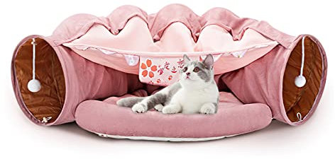 Galatée Katzenbett, Katzentunnel Mit Kissenmatte, Haustierhöhlenbett Mit 2 Hängenden Kratzbällen, Weiches Und Gemütliches Katzentunnelbett, Katzentunnel Für Indoor-Katzen(Rosa)