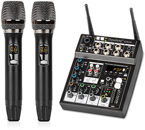 Depusheng GT6-M Audio-Mixer, 6-Kanal-Soundkonsole mit zwei drahtlosen Mikrofonen, Soundboard-Konsole Bluetooth-USB-DJ-Mixing für Karaoke-Party-Computer-Studio