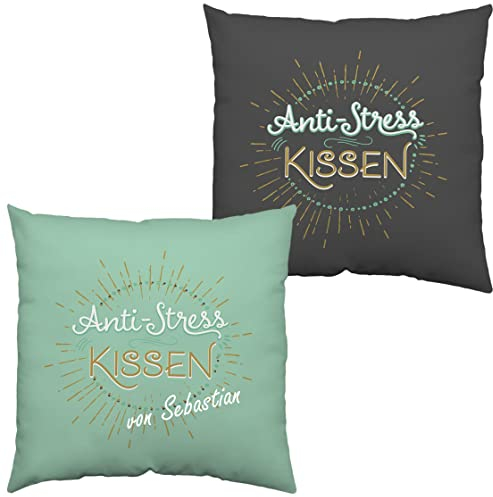 minimutz Kissen mit Spruch 'Anti-Stress Kissen von...' mit Name Bedruckt | Dekokissen 40x40 cm Geschenk lustig für Männer Frauen