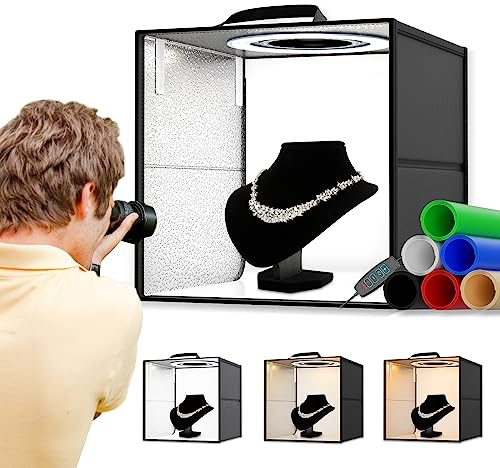 VAYOTOY Caja de Luz Fotográfico 30x30x30cm, Cubos de luz para Estudios de fotografía con CRI >95,120 Luces LED Regulables,Fondos de 6 Colores para Productos de Tamaño Pequeño