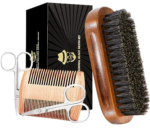 Boar Bristle Beard Brush for Men, Beards and Mustaches Grooming Set Including 100% Pure Boar Bristle Beard Brush, Beard Comb, 2 Pcs Mustache Scissors, and Travel Bag