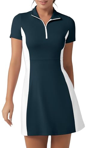 FKEEP - Vestito sportivo da donna con collo a polo, da golf, con pantaloncini - Vestito casual senza maniche a blocchi di colore, Verde e bianco., XS