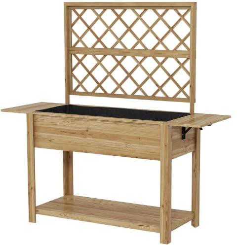 Outsunny Rektangulär planteringskruka på ben - upphöjd köksträdgård med spaljé - 1 bottenhylla och 2 fällbara sidohyllor – trädim. 140 L x 45D x 151H cm
