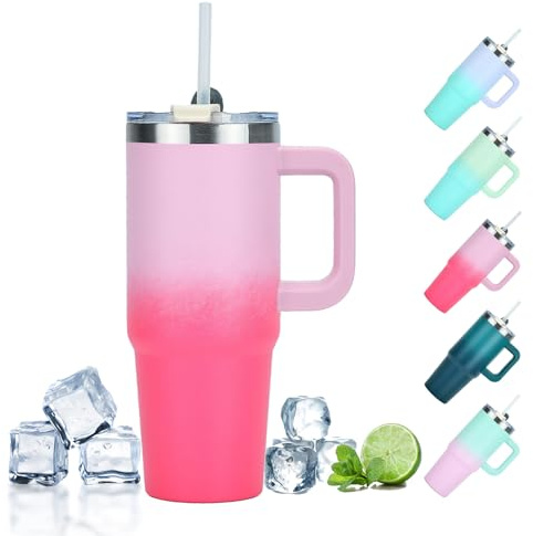 YuanDiann 1200 ML/40 oz isolerad mugg rostfritt stål gradient dubbelväggig kaffekopp med handtag bilmugg kylkopp resemugg med sugrör och läckagesäker mugglock rosa röd