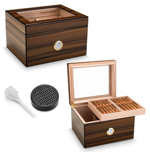 CIGARLOONG Cigar Humidor Brown Desktop Cedar Wood Lined Cigar Storage Box with Hygrometer and Humidifier (large)