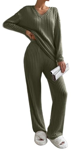 Yutdeng Ensemble 2 Pièces pour Femme Survêtement de Détente Automne et Hiver Ensemble de Pyjama Col en V Côtelé Manches Longues et Pantalon à Jambes Larges avec poches Sportwear,Vert armée,L