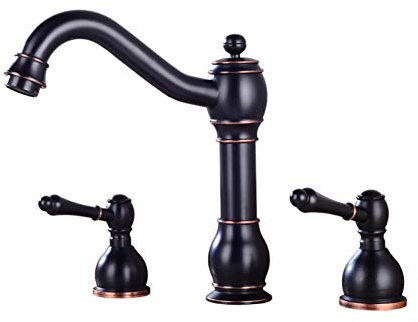 Washbasin Faucet, Washbasin Faucet, Black Lacquer Bronze Three-Hole Curved Tap Hot Cold Mixing Cabinet Bathtub Three-Piece Double Handle Faucet with Hose,
