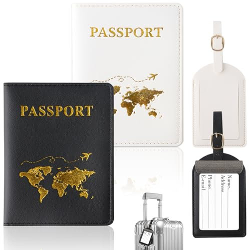 ZDNT Reisepasshülle,2 Stück Reisepasshülle mit 2 Kofferanhänger,Passport Holder,Passport Cover,Passport Hülle,Reisepasshülle Kofferanhänger für Kreditkarten,Ausweis und Reisedokumente ((Schwarz,weiß))