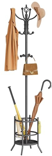 Tajsoon Coat Rack with Umbrella Holder, Coat Tree Freestanding, Coat Rack Stand with 16 Hooks, Coat Stand for Living Room, Bedroom, Office, Grey