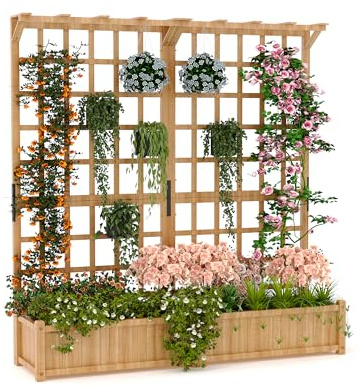 GarveeLife Two-Tier Wooden Planter Box with Trellis for Outdoor Gardens, Elevated Raised Bed for Flowers and Vegetables, 1.4 ft Deep Planter with Hanging Roof & Drainage Holes