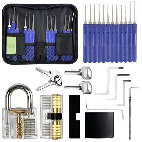 VELLUSTRA Juego de Ganzúas 17piezas con 2 Cerraduras de Transparente Cuatro llaves, dos estuches de cuero negro y un manual de instrucciones detallado, Lockpicking Set para Principiantes y Cerrajeros