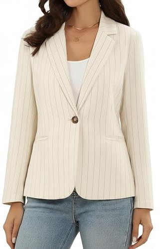 Allegra K Blazer a Righe da Donna con Colletto a Punta Manica Lunga Bottone Singolo Giacca Casual da Lavoro con Tasche Beige S