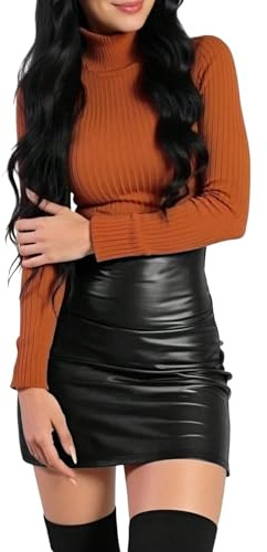 GORGLITTER Minikjol för kvinnor, PU-läder, kjol, hög midja, korta kjolar, konstläder, minikjol med dragkedja, fest, klubb, outfit, svart, S