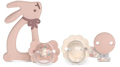 Suavinex, Canastilla Recién Nacido. Set Regalo para Bebé con: 2 Chupetes con Tetina Fisiológica SX Pro para Bebés 0/6 Meses + Chupetero + Mordedor de Silicona. (4 Pcs). Wonder, Rosa