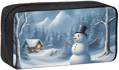 Estuche simple y espacioso con estampado de muñeco de nieve de invierno, organizador con cremallera para bolígrafos, marcadores, pequeños artículos de papelería