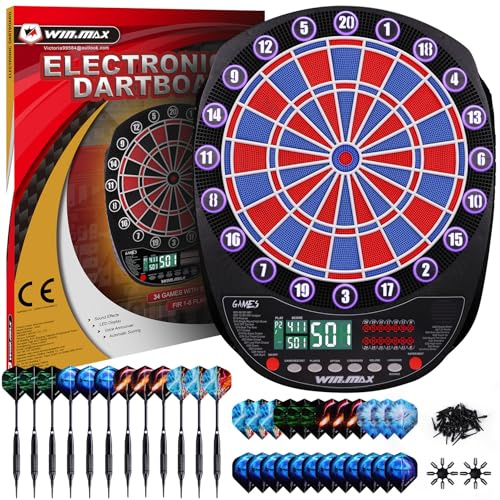 WIN.MAX Elektronisk darttavla soft tip darttavla set LED-skärmar 3 språk med 12 dartpilar 100 spetsar nätadapter blå med ljus