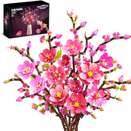 CUBIMANA Kit de Construction Bouquet Fleurs Cerisier avec éclairage LED | 10 blocs de construction botaniques de fleurs roses, Décoration d'intérieur Plante cerisier 1108pièces, Cadeau pour adultes