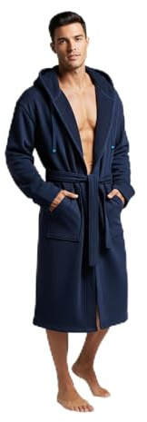 DudeRobe Men's Robe – Hooded TERRY Bath Robe for Men with Pockets | Soft, Comfy Men’s Bathrobe from Shark Tank | Absorbent Cotton Hooded Robes for After Shower, Lounging, Gym & More, Navy Blue, L/XL