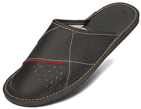 BeComfy Pantofole da Uomo Ciabatte in Pelle Naturale Scarpe da Casa Nero Marrone Rosso 40-50 EU (Nero Rosso, 41)