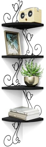Alsonerbay Wall Mounted 4-Tier Cat Corner Shelf, Wood Floating Shelves | Rustic wood & metal organiser for small spaces. Cat lover gift for bedroom, living room, bathroom, kitchen & office