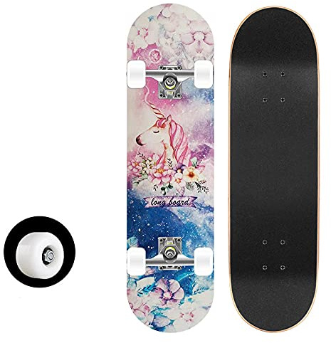 Skate Unicornio Pastel Skateboard 80x20 cm 7 Capas de Madera de Arce con Rodamientos ABEC-7 Skateboard Niña Monopatin Niños Skate Completo Adecuado para Principiantes Adulto Longboard