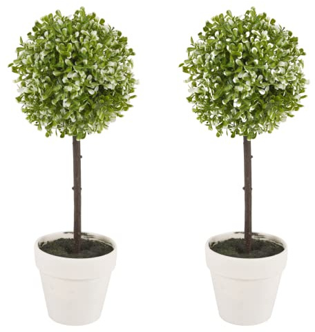 URBNLIVING Artificial Topiary Ball Box Tree Plant Set of 2 with Pot, 41 cm Large, Green