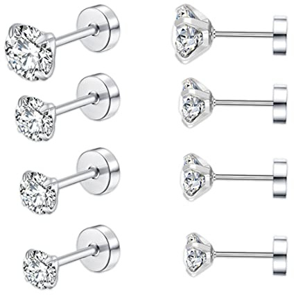 4 Paires Clous d'oreilles en Argent Fin 925 avec Zircones Cubiques Boucles d'oreilles Femmes Filles Hommes Puces d'oreilles Rondes Hypoallergéniques Cartilage Huggies Set, Diamètre 2/3/4/5mm