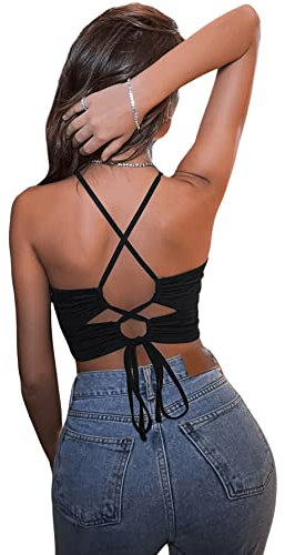 GORGLITTER Damen Bauchfreies Top Crop Trägertop Spaghettiträger Camisole mit Criss-Cross Schwarz S