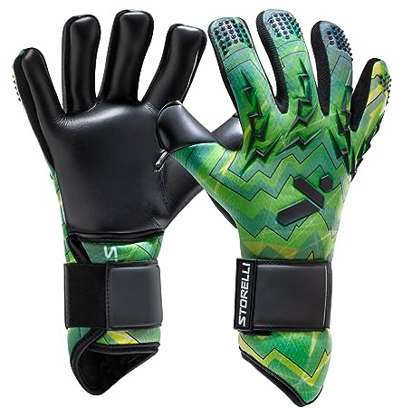 Storelli Lightning Goalkeeper Gloves, High-Impact Hand Protection With 5 Built-In Finger Spines, German New Basic Latex, Wrist Strap, Extended Cuff, Youth & Adults, Unisex, 1 Pair, Green Storm, Size 9