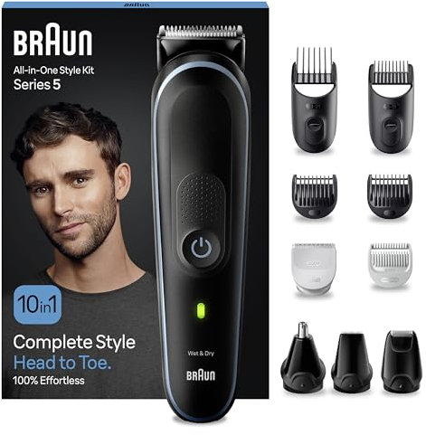 Braun 10-in-1 All-in-One Style Kit Series 5, Male Grooming Kit with Beard Trimmer, Hair Clippers, Nose Hair Trimmer for Men, Precision Trimmer, Gifts for Men, UK 2 Pin Plug, MGK5445, Black