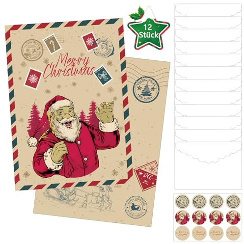 Julkort med kuvertset, 12 stycken julkort och 12 kuvert och 12 julklistermärken, julkort med jultomtemönster, julkort, julvykort